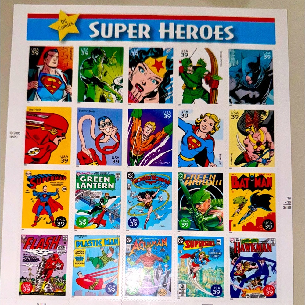 DC Comics Superhero 2005 Collector 39¢ Stamps Sheet (20 Stamps)